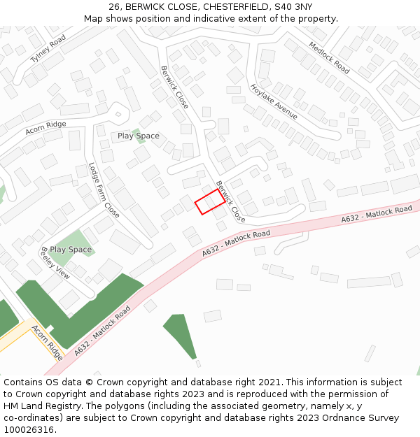 26, BERWICK CLOSE, CHESTERFIELD, S40 3NY: Location map and indicative extent of plot