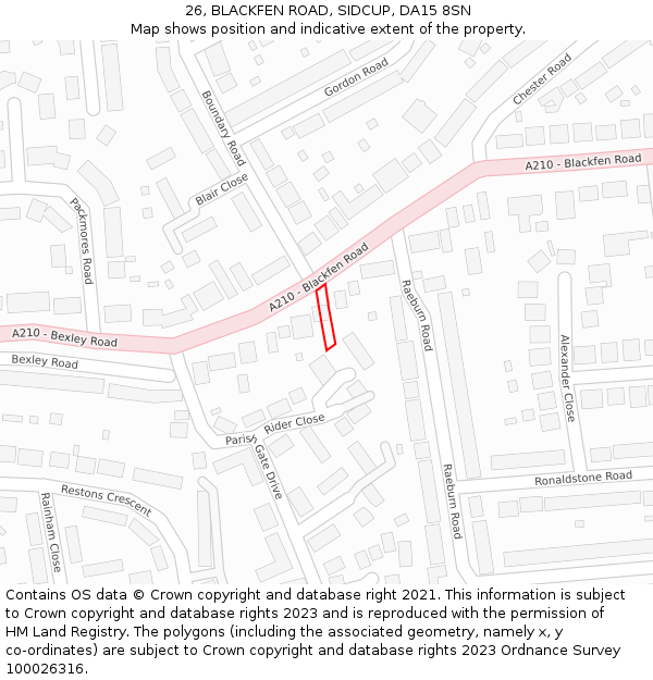 26, BLACKFEN ROAD, SIDCUP, DA15 8SN: Location map and indicative extent of plot