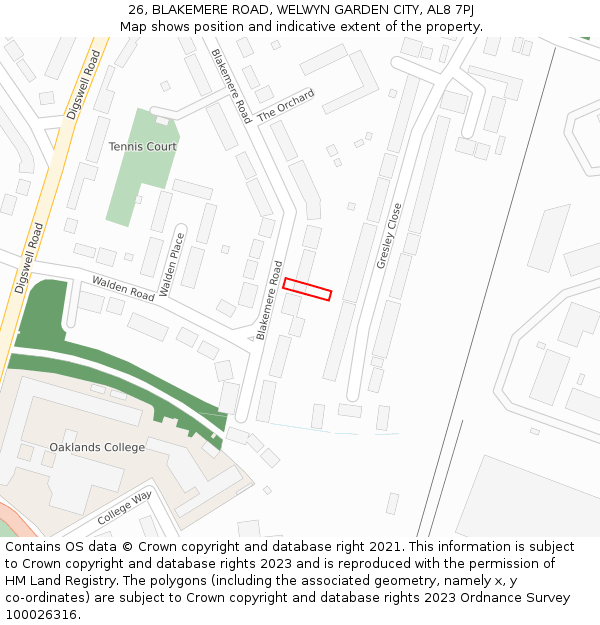 26, BLAKEMERE ROAD, WELWYN GARDEN CITY, AL8 7PJ: Location map and indicative extent of plot