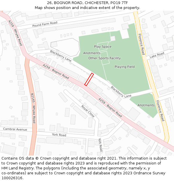 26, BOGNOR ROAD, CHICHESTER, PO19 7TF: Location map and indicative extent of plot