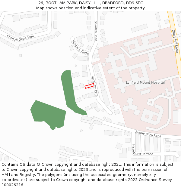 26, BOOTHAM PARK, DAISY HILL, BRADFORD, BD9 6EG: Location map and indicative extent of plot