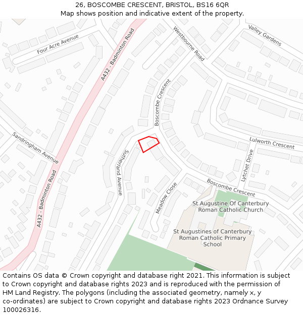 26, BOSCOMBE CRESCENT, BRISTOL, BS16 6QR: Location map and indicative extent of plot