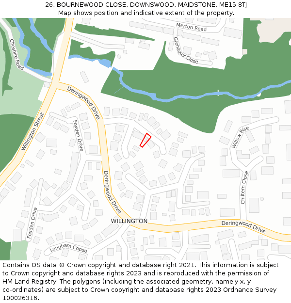 26, BOURNEWOOD CLOSE, DOWNSWOOD, MAIDSTONE, ME15 8TJ: Location map and indicative extent of plot