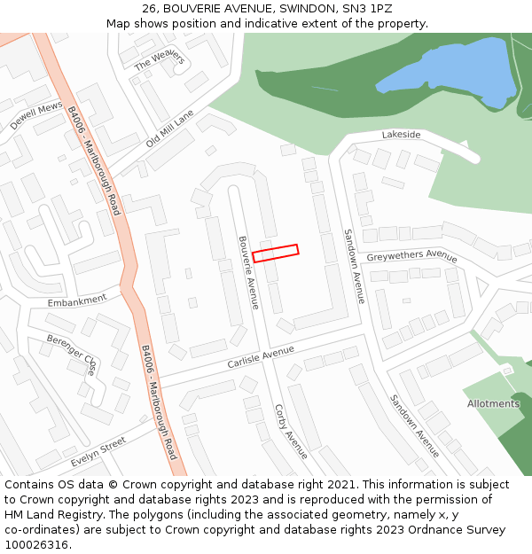 26, BOUVERIE AVENUE, SWINDON, SN3 1PZ: Location map and indicative extent of plot