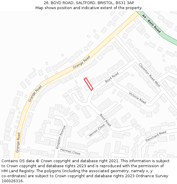 26, BOYD ROAD, SALTFORD, BRISTOL, BS31 3AP: Location map and indicative extent of plot