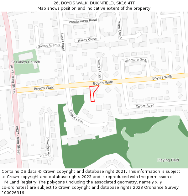 26, BOYDS WALK, DUKINFIELD, SK16 4TT: Location map and indicative extent of plot