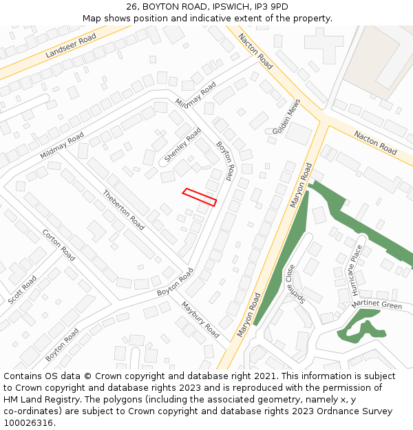 26, BOYTON ROAD, IPSWICH, IP3 9PD: Location map and indicative extent of plot
