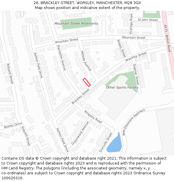 26, BRACKLEY STREET, WORSLEY, MANCHESTER, M28 3GX: Location map and indicative extent of plot