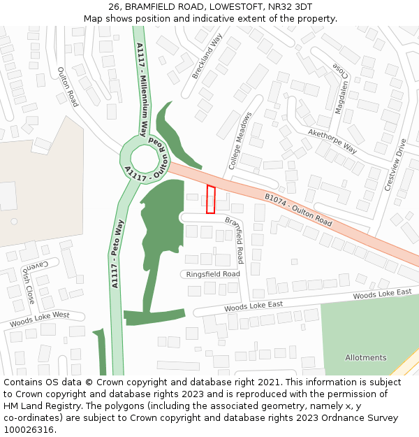26, BRAMFIELD ROAD, LOWESTOFT, NR32 3DT: Location map and indicative extent of plot