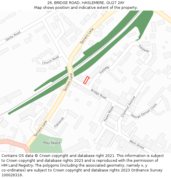 26, BRIDGE ROAD, HASLEMERE, GU27 2AY: Location map and indicative extent of plot