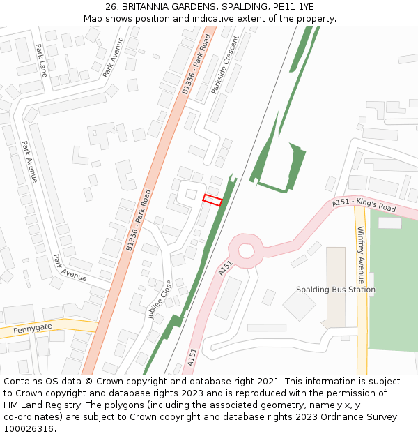 26, BRITANNIA GARDENS, SPALDING, PE11 1YE: Location map and indicative extent of plot