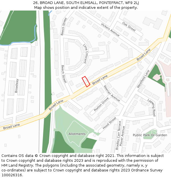 26, BROAD LANE, SOUTH ELMSALL, PONTEFRACT, WF9 2LJ: Location map and indicative extent of plot