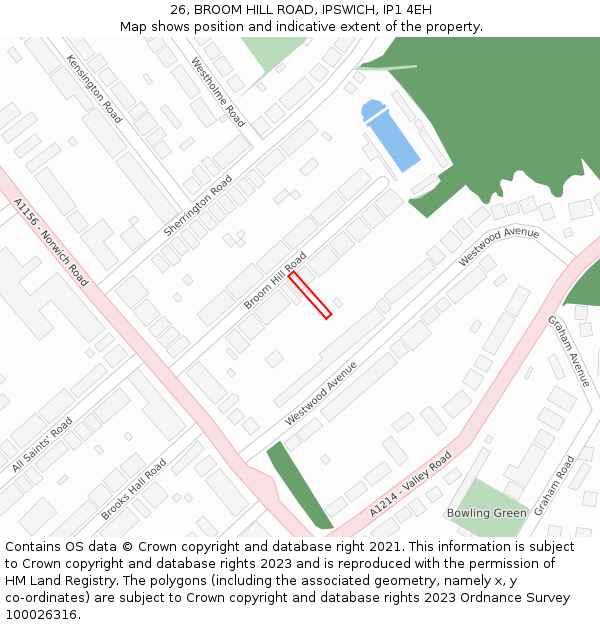 26, BROOM HILL ROAD, IPSWICH, IP1 4EH: Location map and indicative extent of plot