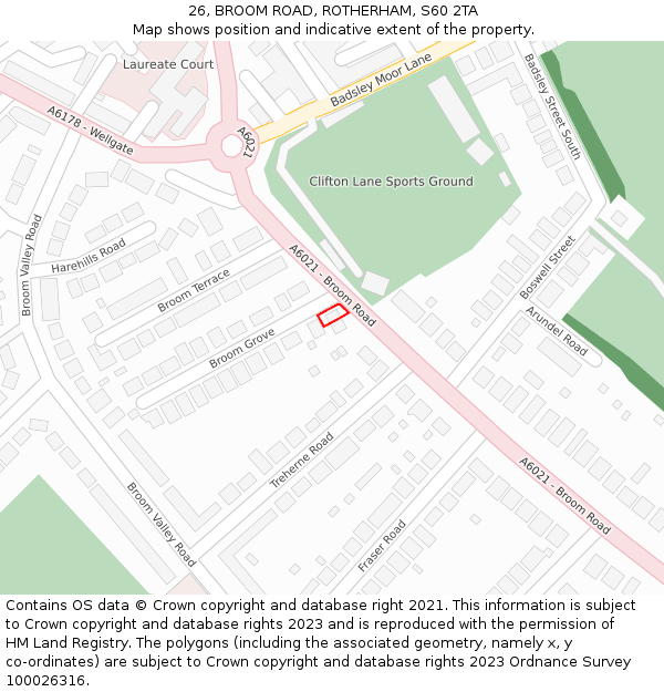 26, BROOM ROAD, ROTHERHAM, S60 2TA: Location map and indicative extent of plot