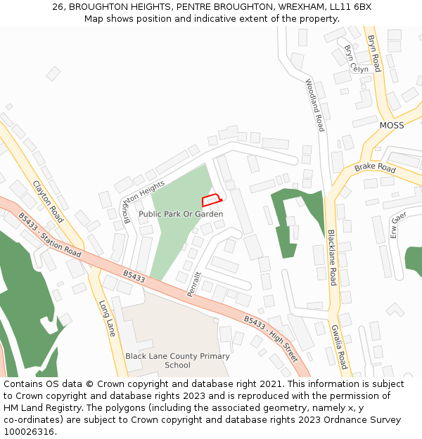 26, BROUGHTON HEIGHTS, PENTRE BROUGHTON, WREXHAM, LL11 6BX: Location map and indicative extent of plot