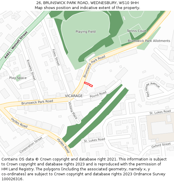 26, BRUNSWICK PARK ROAD, WEDNESBURY, WS10 9HH: Location map and indicative extent of plot