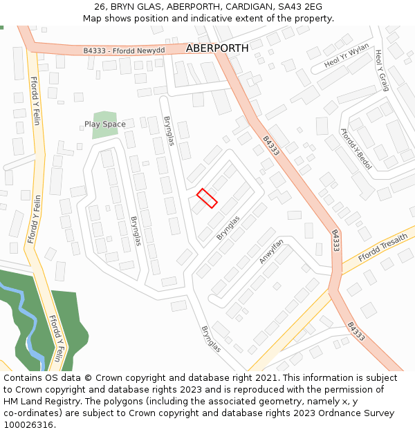 26, BRYN GLAS, ABERPORTH, CARDIGAN, SA43 2EG: Location map and indicative extent of plot