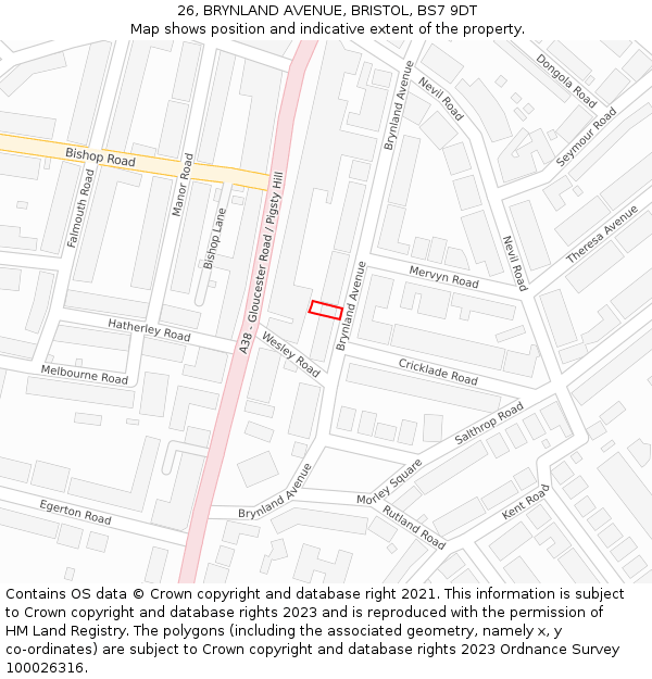 26, BRYNLAND AVENUE, BRISTOL, BS7 9DT: Location map and indicative extent of plot