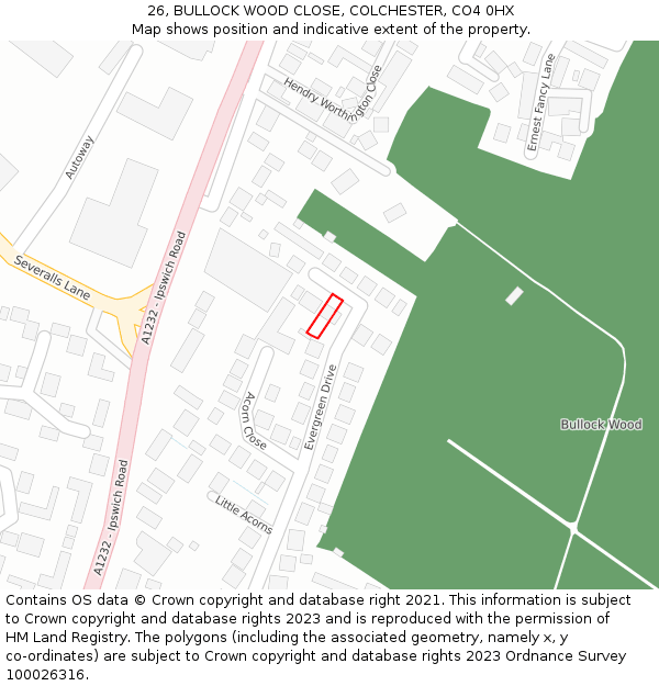 26, BULLOCK WOOD CLOSE, COLCHESTER, CO4 0HX: Location map and indicative extent of plot
