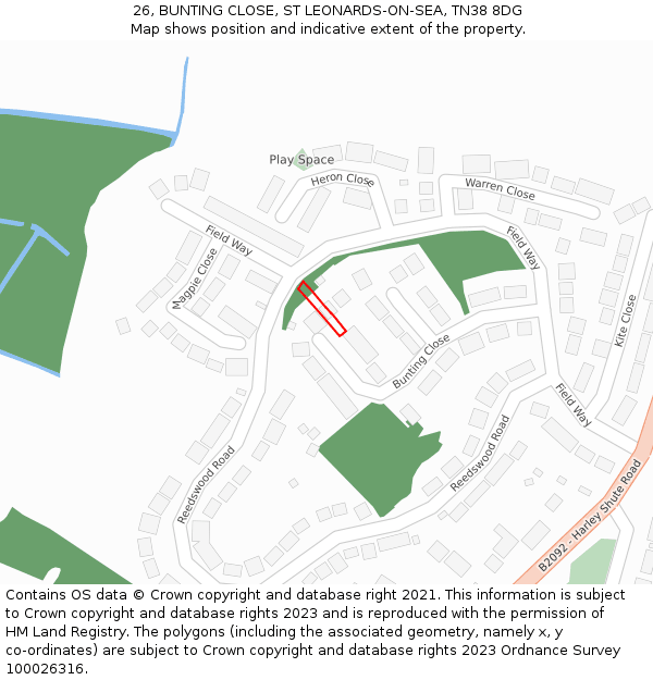 26, BUNTING CLOSE, ST LEONARDS-ON-SEA, TN38 8DG: Location map and indicative extent of plot