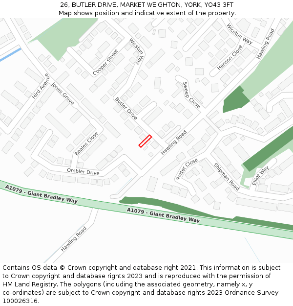 26, BUTLER DRIVE, MARKET WEIGHTON, YORK, YO43 3FT: Location map and indicative extent of plot