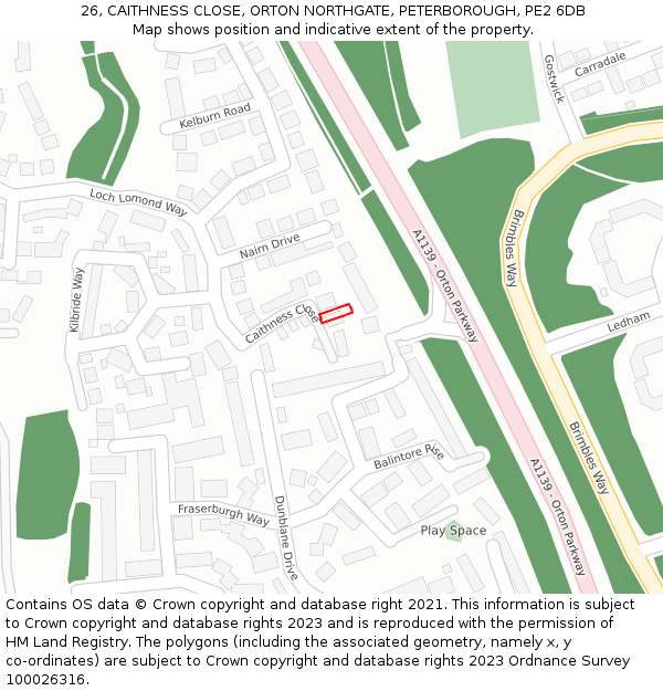 26, CAITHNESS CLOSE, ORTON NORTHGATE, PETERBOROUGH, PE2 6DB: Location map and indicative extent of plot
