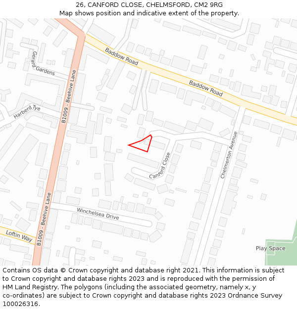 26, CANFORD CLOSE, CHELMSFORD, CM2 9RG: Location map and indicative extent of plot