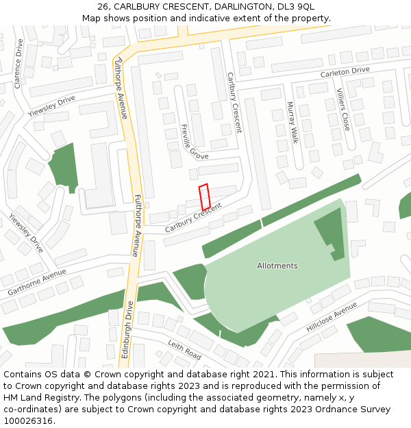 26, CARLBURY CRESCENT, DARLINGTON, DL3 9QL: Location map and indicative extent of plot