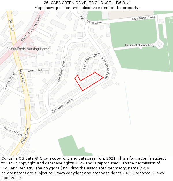 26, CARR GREEN DRIVE, BRIGHOUSE, HD6 3LU: Location map and indicative extent of plot