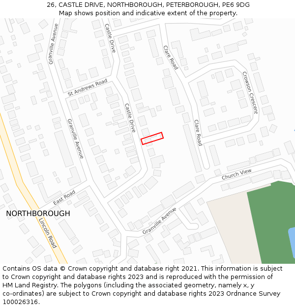 26, CASTLE DRIVE, NORTHBOROUGH, PETERBOROUGH, PE6 9DG: Location map and indicative extent of plot