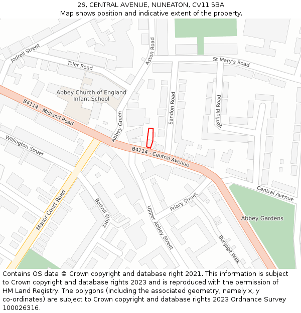 26, CENTRAL AVENUE, NUNEATON, CV11 5BA: Location map and indicative extent of plot