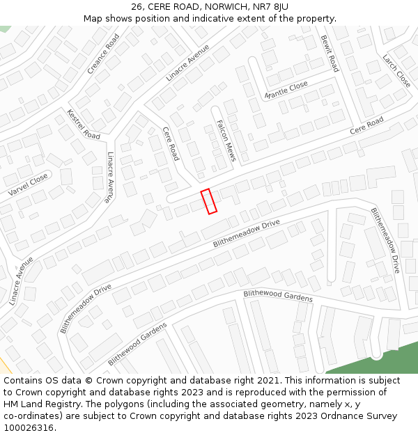 26, CERE ROAD, NORWICH, NR7 8JU: Location map and indicative extent of plot