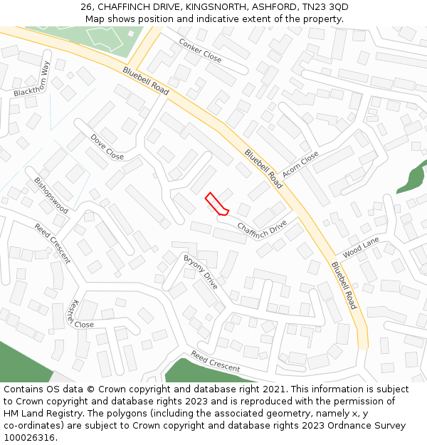 26, CHAFFINCH DRIVE, KINGSNORTH, ASHFORD, TN23 3QD: Location map and indicative extent of plot