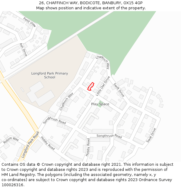 26, CHAFFINCH WAY, BODICOTE, BANBURY, OX15 4GP: Location map and indicative extent of plot
