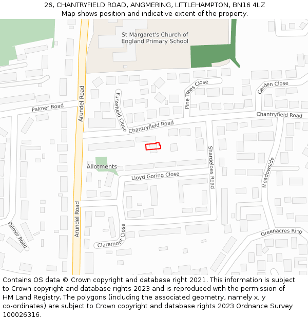 26, CHANTRYFIELD ROAD, ANGMERING, LITTLEHAMPTON, BN16 4LZ: Location map and indicative extent of plot