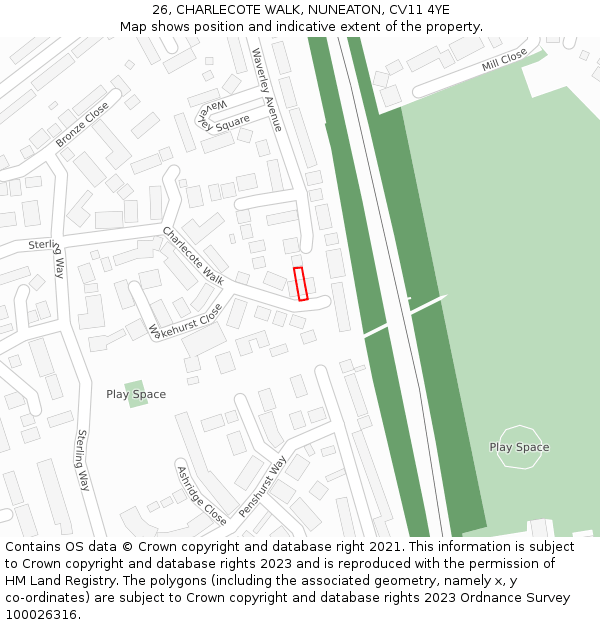 26, CHARLECOTE WALK, NUNEATON, CV11 4YE: Location map and indicative extent of plot