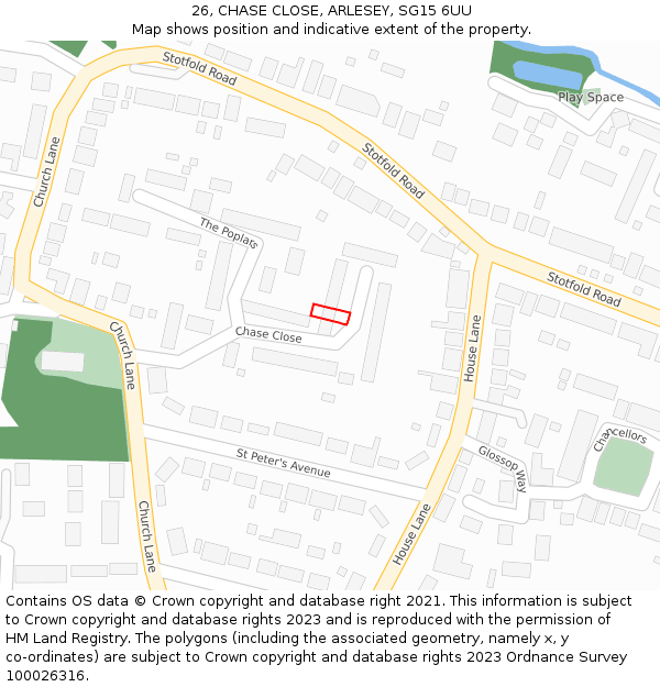 26, CHASE CLOSE, ARLESEY, SG15 6UU: Location map and indicative extent of plot