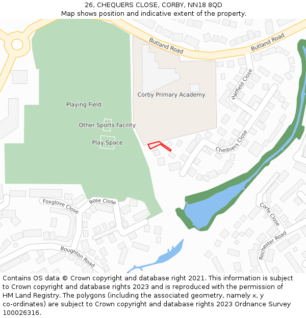 26, CHEQUERS CLOSE, CORBY, NN18 8QD: Location map and indicative extent of plot