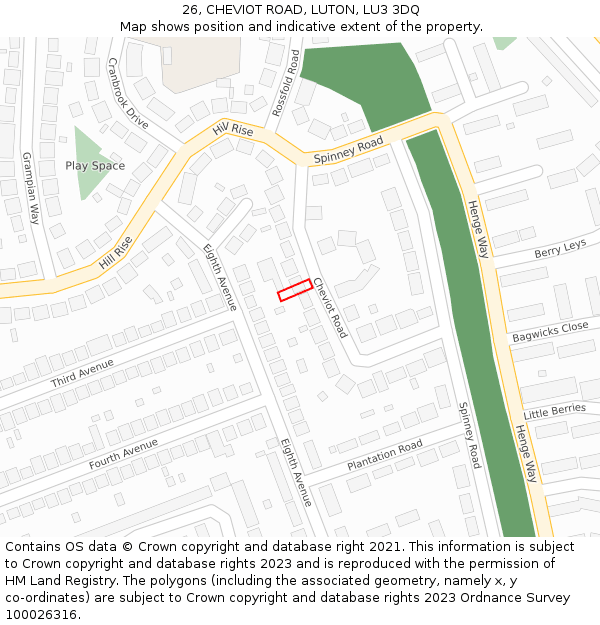 26, CHEVIOT ROAD, LUTON, LU3 3DQ: Location map and indicative extent of plot