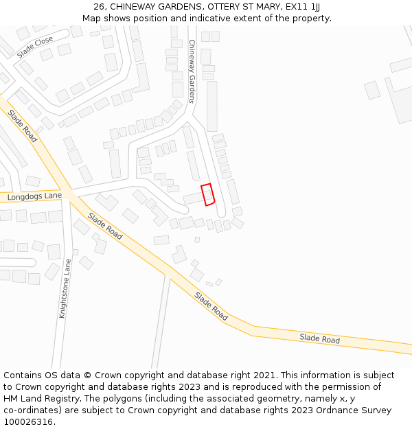 26, CHINEWAY GARDENS, OTTERY ST MARY, EX11 1JJ: Location map and indicative extent of plot