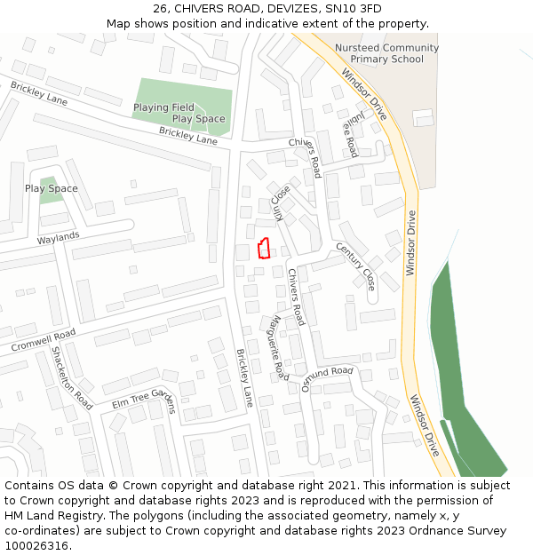 26, CHIVERS ROAD, DEVIZES, SN10 3FD: Location map and indicative extent of plot