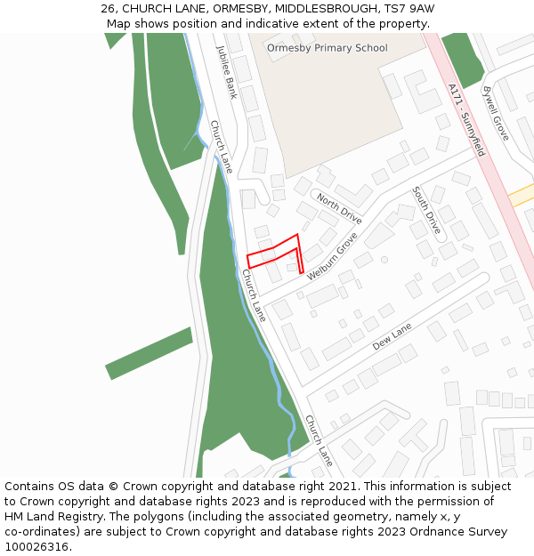 26, CHURCH LANE, ORMESBY, MIDDLESBROUGH, TS7 9AW: Location map and indicative extent of plot