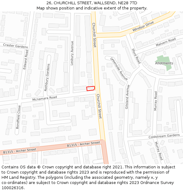 26, CHURCHILL STREET, WALLSEND, NE28 7TD: Location map and indicative extent of plot