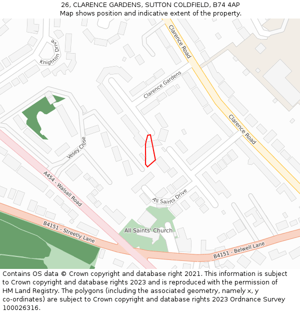 26, CLARENCE GARDENS, SUTTON COLDFIELD, B74 4AP: Location map and indicative extent of plot