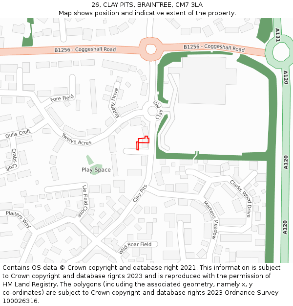 26, CLAY PITS, BRAINTREE, CM7 3LA: Location map and indicative extent of plot