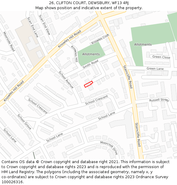 26, CLIFTON COURT, DEWSBURY, WF13 4RJ: Location map and indicative extent of plot