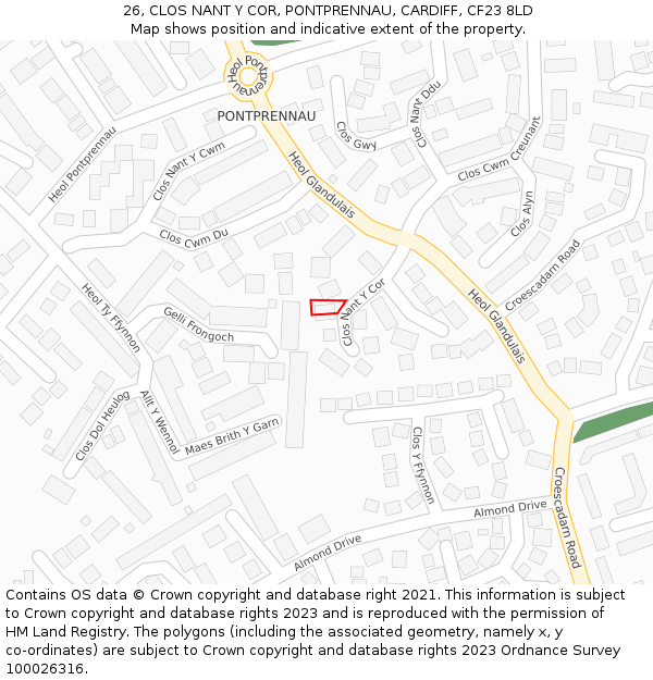 26, CLOS NANT Y COR, PONTPRENNAU, CARDIFF, CF23 8LD: Location map and indicative extent of plot