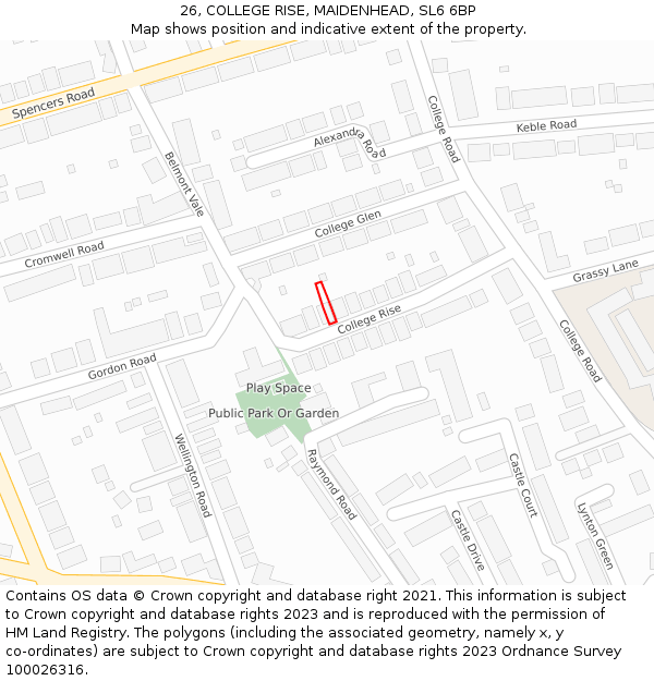 26, COLLEGE RISE, MAIDENHEAD, SL6 6BP: Location map and indicative extent of plot