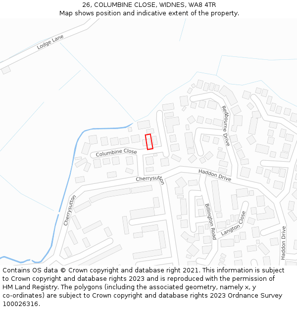 26, COLUMBINE CLOSE, WIDNES, WA8 4TR: Location map and indicative extent of plot