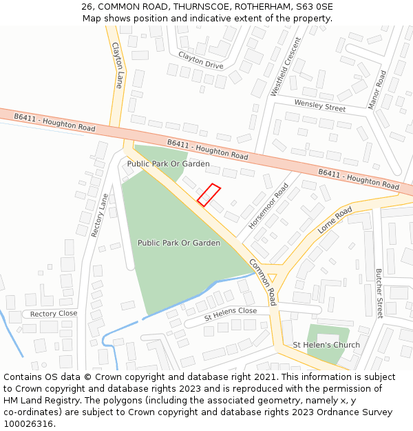 26, COMMON ROAD, THURNSCOE, ROTHERHAM, S63 0SE: Location map and indicative extent of plot